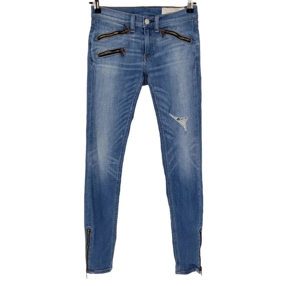 Rag & Bone Skinny Moto Jeans Medium Wash Zip Ankle Distressed Denim